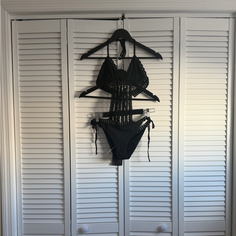 PRADA Crochet Cut Out One Piece Swimsuit in Black